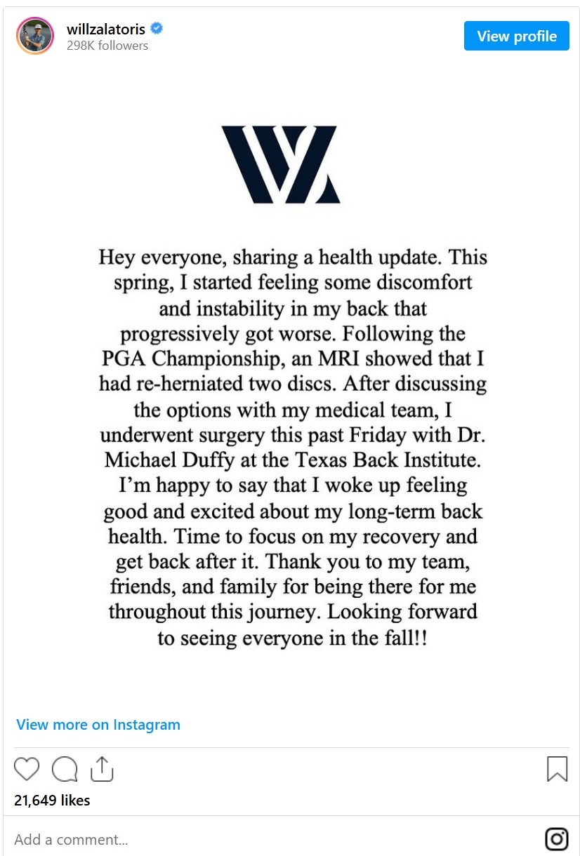 Will Zalatoris 2025 Injury Statement