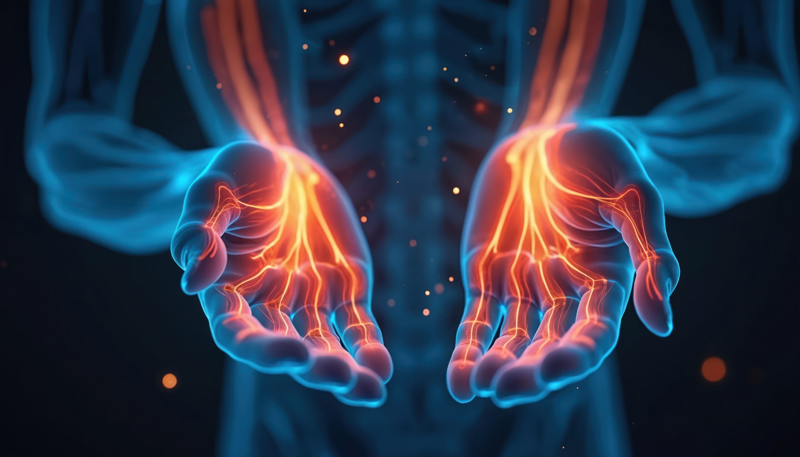 Glowing nerves, veins in human hands suggest neuropathy diabetic nerve damage. Burning tingling sensations indicated by bright red inflammation in fingers, palms, showing physical pain. Image