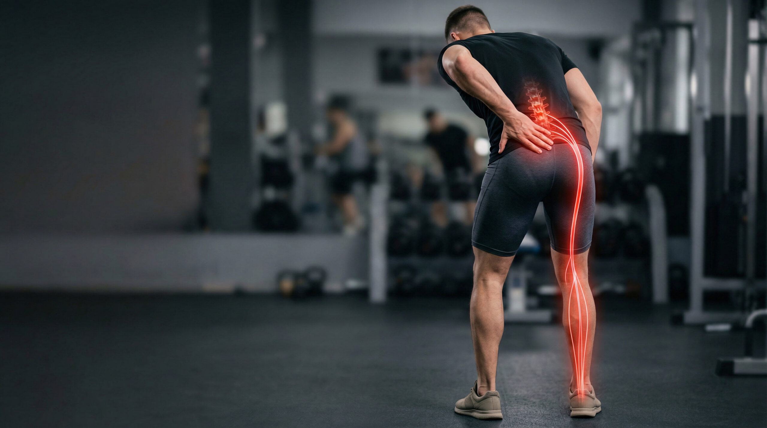 Athletic Man with Sciatica Pain in Gym – Sciatic Nerve Pain Radiating from Lower Back to Leg